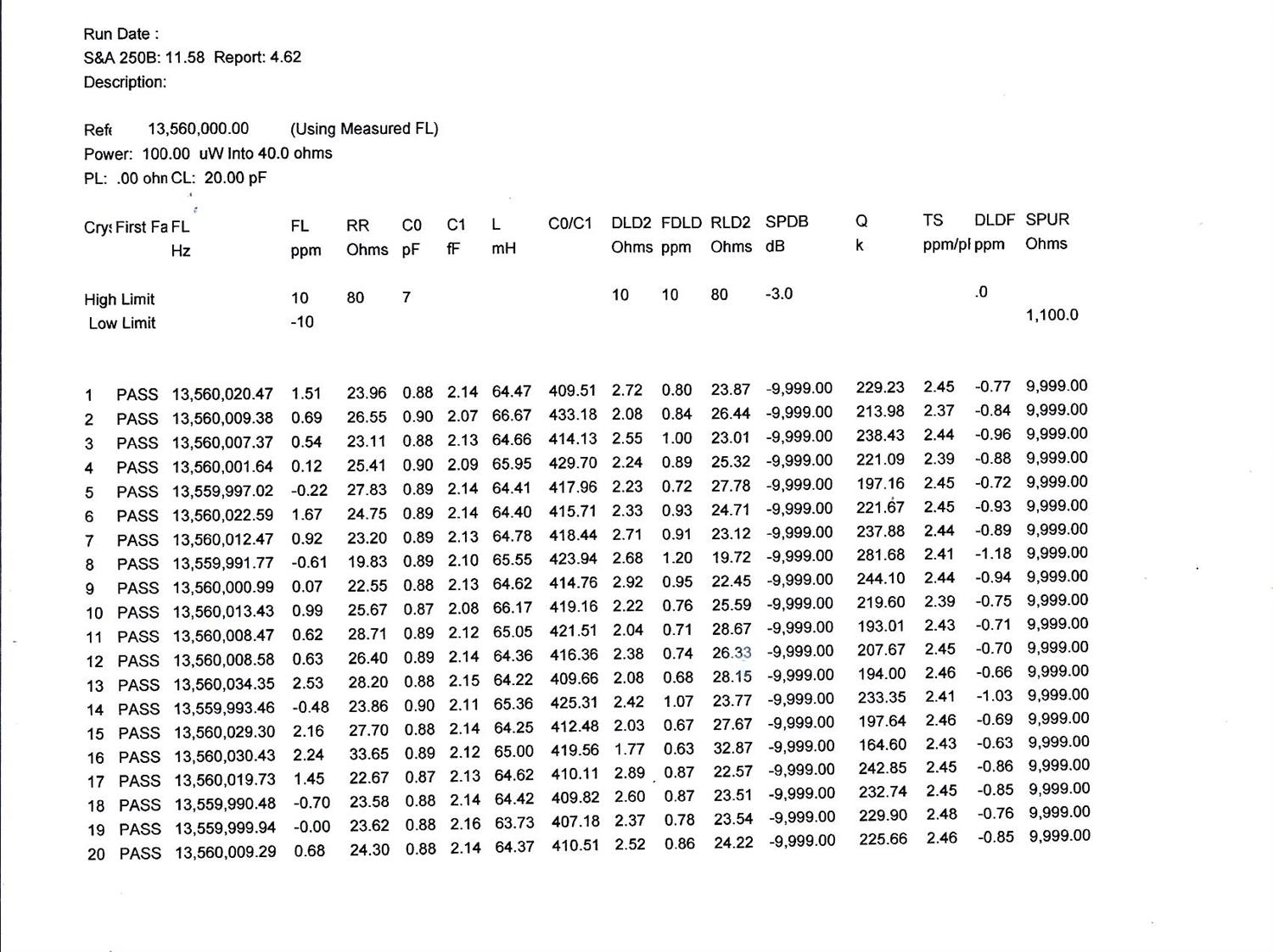 无源贴片晶振SMD3225 13.560MHz规格及测试数据